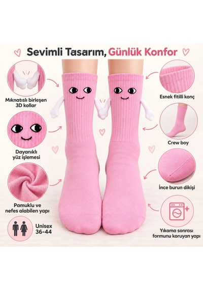 Womanandkids Wak Mıknatıslı El Ele 2'li Unisex Tutuşan Sevimli Çorap 36-44 Çift Hediyesi, Pamuklu Renkli Crew M Pembe