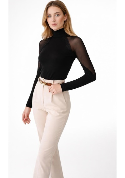 Ckm Moda Neriva Tül Detaylı Yarım Balıkçı Slim Fit Bluz Siyah