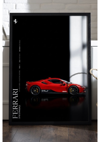 Ferrari Sf90 Stradale Siyah Ahşap Çerçeveli Poster, Dekoratif Araba Duvar Tablosu