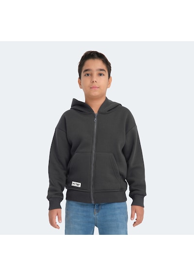 Slazenger LEKAN Çocuk Fermuarlı Kapüşonlu Cepli Koyu Gri Sweatshirt