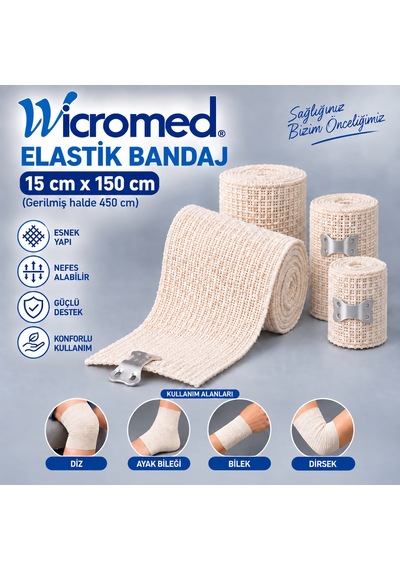 Wicromed Elastik Bandaj 15cm X 150cm Metal Klipsli Esnek Destek Bandajı 5 Adet