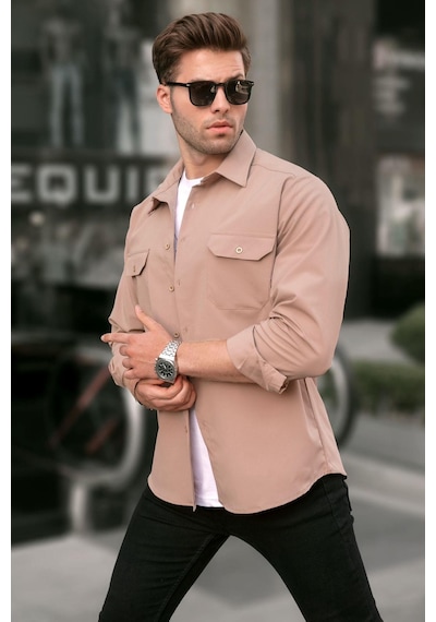 Madmext Bej Basic Regular Fit Erkek Gömlek 6716 Bej