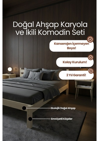 Letto Masif Ahşap Karyola Ve 2 Adet Komodin Vernik 100x200