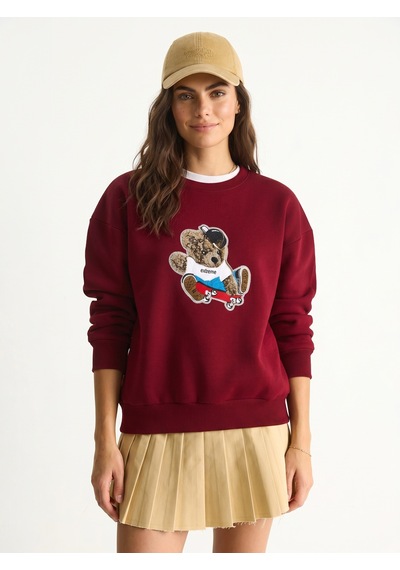Onloox Kadın Bordo Bordo Pamuklu Bisiklet Yaka Salaş Kesim Teddy Nakış İşlemeli Uzun Kollu Sweatshirt Onloox Kadın Bordo Bordo Pamuklu Bisiklet Yaka Salaş Kesim Teddy Nakış İşlemeli Uzun Kollu Sweatshirt