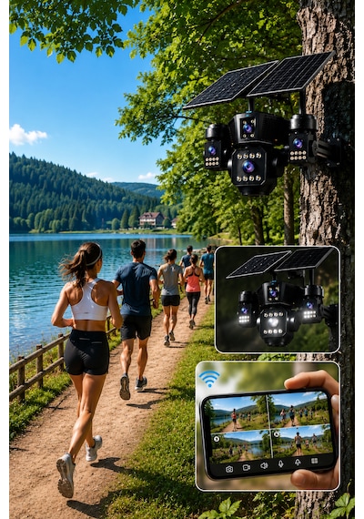 O-kam Ok333 Premium Serisi 12mp 4 Kameralı 4g Çift Solar Panel Gece Görüş Güvenlik Kamerası Turkcell Sim Kart + 64gb Hafıza Kartı
