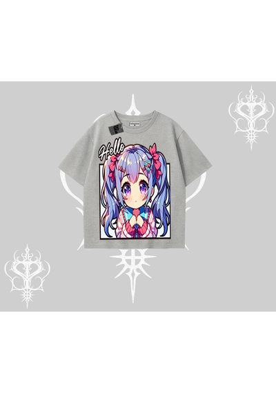 Tarzsokak Oversize Tshirt Hello Anime Kız Sevimli Karakter Baskılı Gri