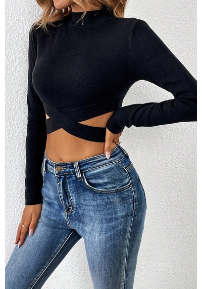 Angbutik Kadın Siyah Çapraz Bel Detaylı Dik Yaka Uzun Kol Crop Top Bluz