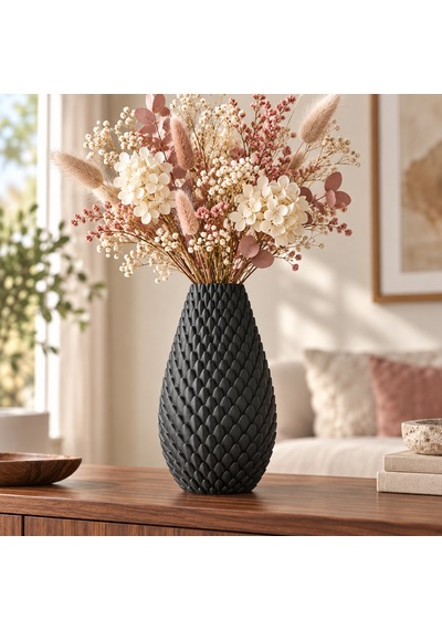 Kabartma Desenli Dekoratif Vazo 20 Cm Modern Tasarım Siyah
