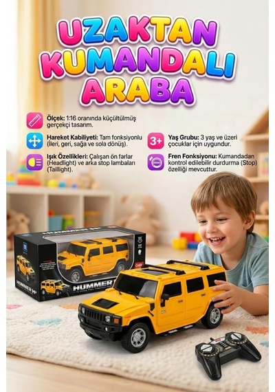 Uzaktan Kumandalı 7 Fonksiyonlu Işıklı Tepe Lambalı 1:16 Ölçek Hummer Suv Oyuncak Arazi Arabası Sarı
