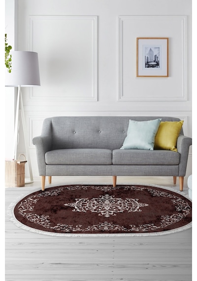 Alanur Trend Kaymaz Dod Tabanlı Saçaklı Dijital Halı Oval Bordo