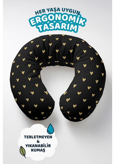 Altın Kalp Desenli Ergonomik Boyun Yastığı - Şık Siyah Altın Yumuşak Seyahat Yastığı Canlı Göl Gece