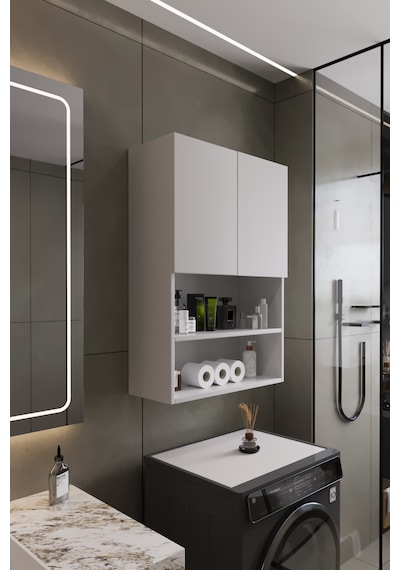 Deniz Modern Banyo Dolabı 2 Kapaklı Raflı Düzenleyici Çok Amaçlı Beyaz