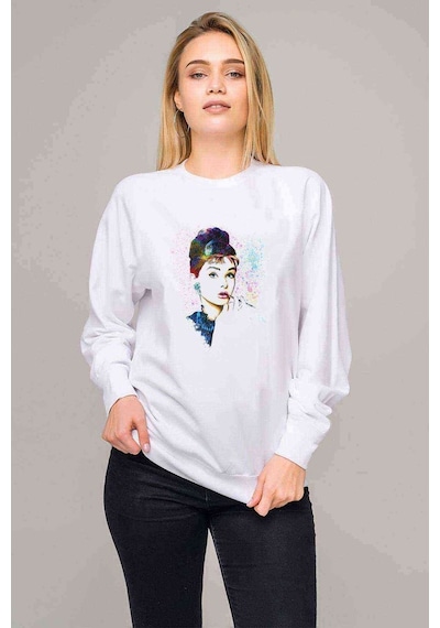 Audrey Hepburn Audrey Hepburn Baskılı Beyaz Kadın Sweatshirt (528277985)