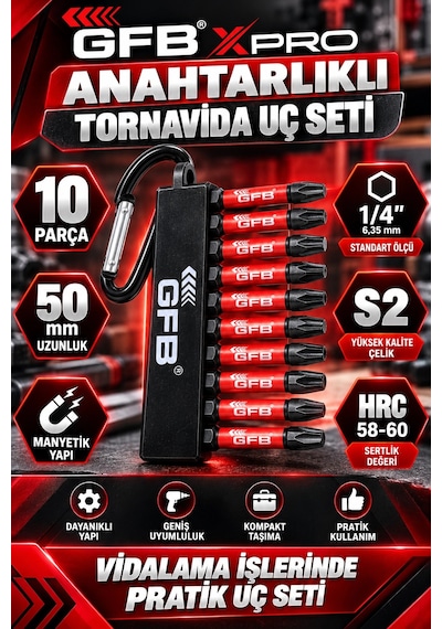 Gfb Xpro 10 Parça 50 Mm Anahtarlıklı Manyetik Tornavida Uç Seti 1/4" S2