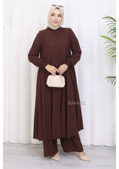 Rahvel Umre Takımı Viskon Kumaş Tunik Pantolon Bir Arada Terletmez İç Göstermez Acı Kahve Acı Kahverengi