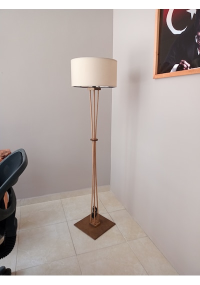 Ahşap Ayaklı Lambader Köşe Lambası Ceviz Krem Bohem