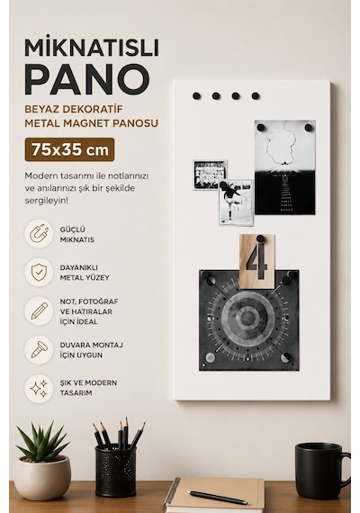 Mıknatıslı Pano Beyaz 75x35 Cm Dekoratif Metal Magnet Panosu Ev Ofis Not Fotoğraf Panosu 75 x 35 CM