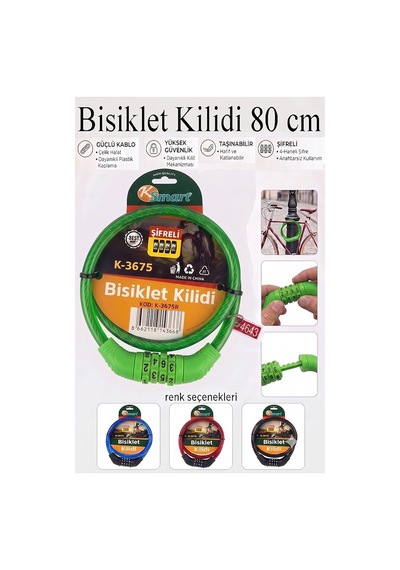 Şifreli Bisiklet Kilidi 80 Cm 1 Adet K-3675 Çelik Halat Plastik Kaplamalı Bisiklet Kiliti Scooter Kapı Şifreli Kilit Yeşil