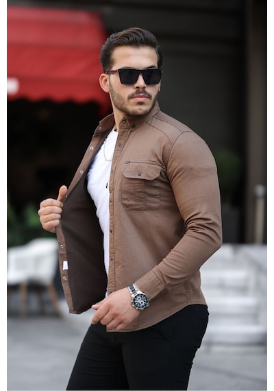 Mero Life Erkek Kahverengi Slim Fit Dar Kesim Kot Gömlek Kahverengi
