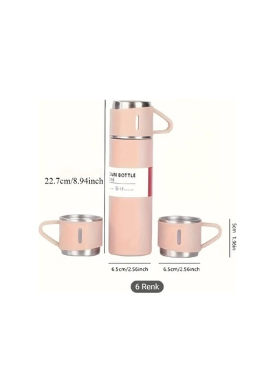 Termos Seti, Paslanmaz Çelik Termos 500ml, 2 Fincan İle, Seyahat Seti, Pembe