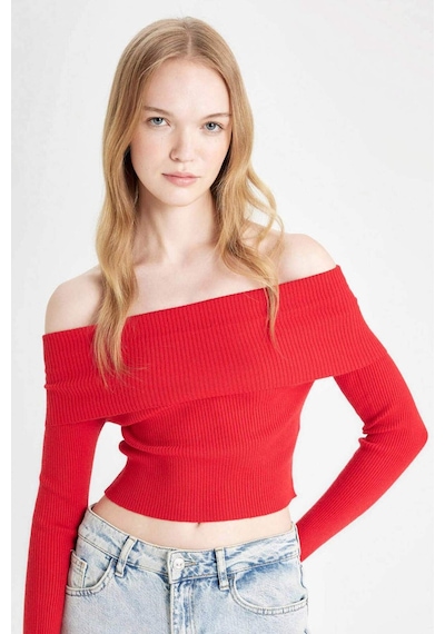 Defacto Coool Slim Fit Dar Kesim Açık Omuz Basic Düz Triko Kazak B6537AX24WNRD106 Kırmızı