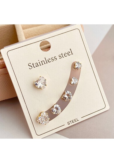 Tektaş Küpe Kalp Model Tektaş Üçlü Set Küpe Kararmaz Çelik Gold