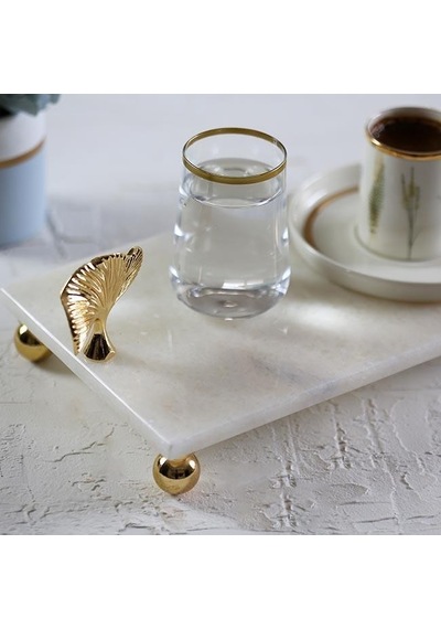 Akayev Mermer Beyaz 30x15 Cm Altın Ayak Ginkgo Sunum Tabağı Çok Renkli