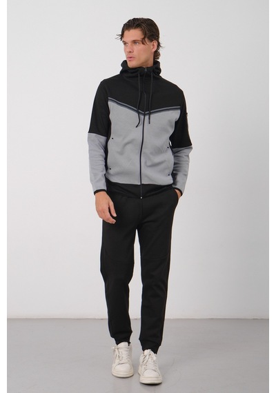 Dechers Erkek Siyah Tech Fleece Double Face Kapüşonlu Fermuarlı Eşofman Takımı - E228 Gri