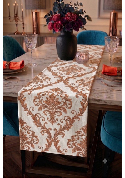 Premium Masa Runner Dijital Baskılı Soyut Desenli Dekoratif Salon Mutfak Yemek Masası Runner Örtüsü 45x140 Cm Beyaz