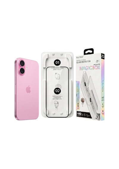 Fulltech Magicbox iPhone Uyumlu 16 / 15 Premium Tempered Glass Aparatlı Ekran Koruyucu - Clear