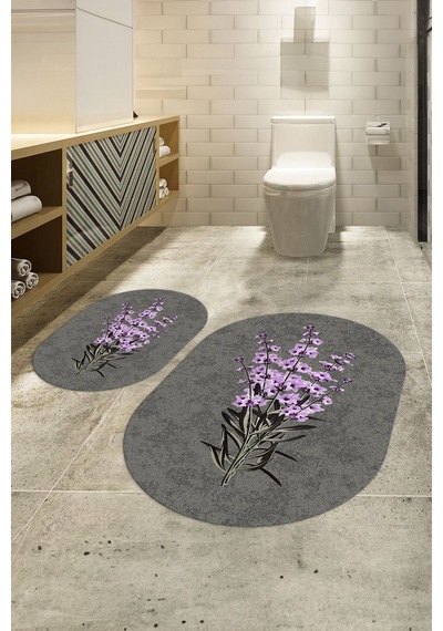 Buççin Online Mağaza Dijital Baskılı Kaymaz Taban Yıkanabilir Oval Banyo Takımı Klozet Takımı Polyester Gri Çok Renkli