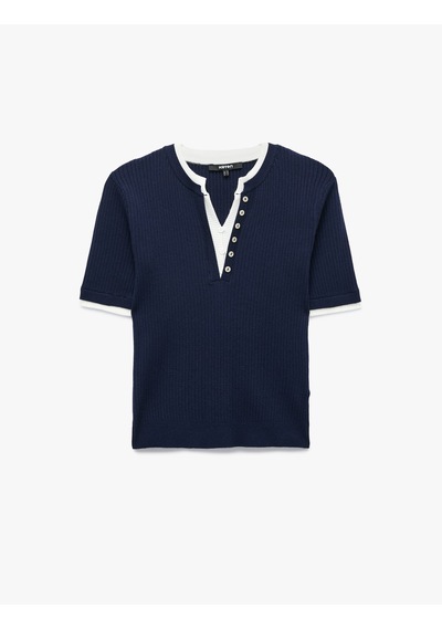 Koton Regular Fit Kısa Kollu Katmanlı Henley Yaka Düğmeli Triko Kazak Lacivert 7wak90467ht
