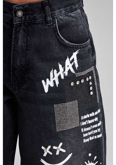 Itsbasic Kadın Koyu Füme Renk Hera Baskılı Parlak Taşlı Palazzo Fit Tasarım Denim Jean Taşlı Koyu Füme