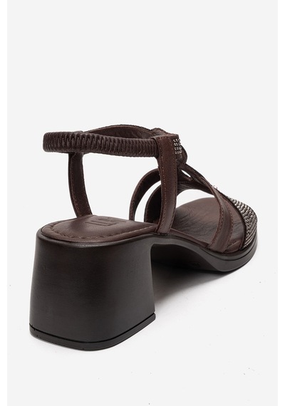 Luvishoes Dolen Kahverengi Hakiki Deri Kadın Taşlı Kalın Topuk Sandalet