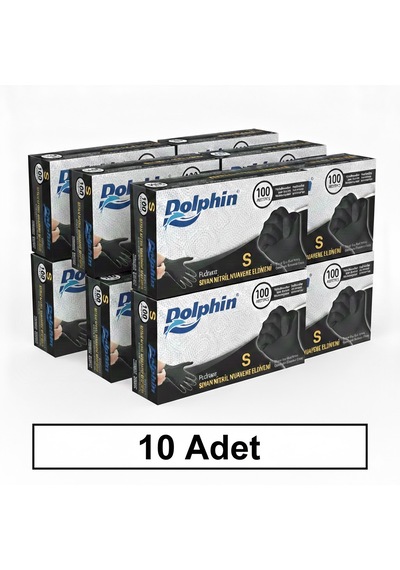 Dolphin S Beden, 10 Kutu, Siyah, Nitril Eldiven, Pudrasız, Latekssiz, Kutuda 100 Adet
