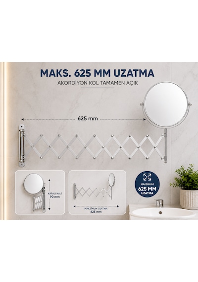 Akordiyon Kollu Makyaj Aynası 1x 5x Büyütmeli Çift Taraflı 625 Mm Uzatılabilir Duvar Tipi Krom