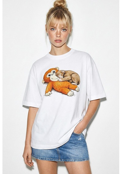 Shade Kadın Pamuklu Bisiklet Yaka Maymun Punch Baskılı Oversize T-shirt Öt261036 60286078 - Beyaz Standart