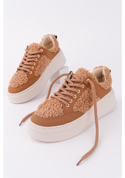 Muggo Fleecy Kalın Taban Bağcıklı Peluş Detaylı Kadın Kışlık Sneaker Spor Ayakkabı Taba