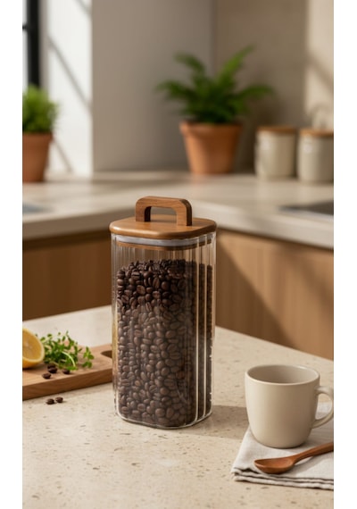 Akasya Kapaklı Cam Kavanoz 1850 Ml Büyük Boy Kahve, Bakliyat & Kuruyemiş Saklama Kabı Kahverengi - Şeffaf
