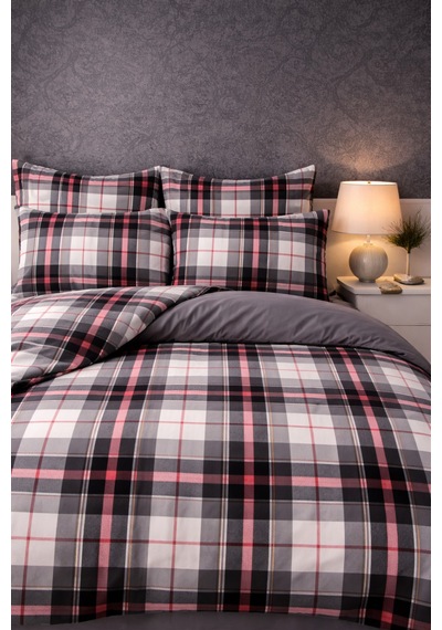 More Home Tek Kişilik Nevresim Takımı Lastikli Çarşaf Ekose Desen Gri Kırmızı Çok Renkli