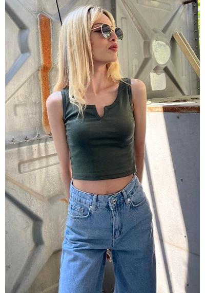 Madmext Mad Girls Önü Detaylı Haki Crop Top Mg362-haki Haki