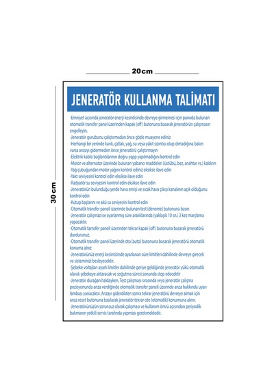 Metal Jeneratör Kullanma Talimatı 20cm X 30cm A4 Büyüklüğünde Uyarı Levhası Yönlendirme Tabelası