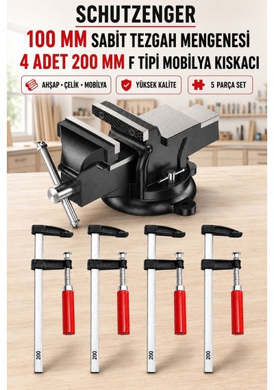 100mm Sabit Tezgah Mengene 4 Adet F 200mm Tipi Kıskaçlı Marangoz Atölye Mengene 5 Parça Set