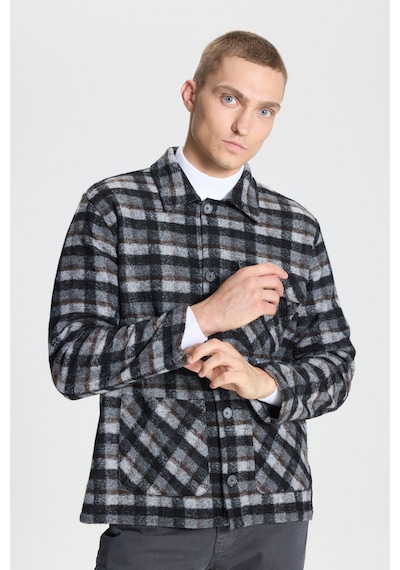 AC&Co / Altınyıldız Classics Erkek Comfort Fit Rahat Kesim Gömlek Yaka Desenli Ceket Gömlek Siyah