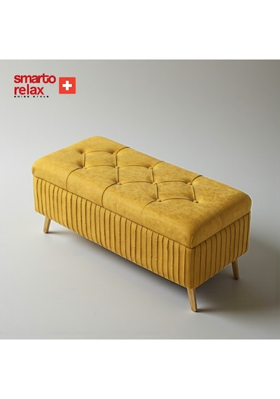 Smarto Relax Swiss Style Puf , Appenzell Kapitonesandıklı Puf, Babyface Kaplama, 100x40x45 Cm, Ahşap Ayaklı ,sandıklı Dekoratif Puf Sarı
