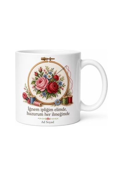 Nakış İşleyenlere İğne İplik Kasnak Hediye Kupa Bardak Geleneksel Çiçek Desen Beyaz / Çok Renkli