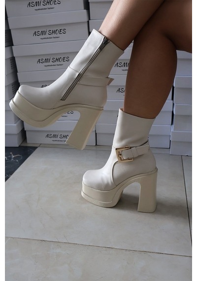 Asmi Shoes Kadın Dona Krem Tokalı 12 Cm Platform Topuklu Bot 2030