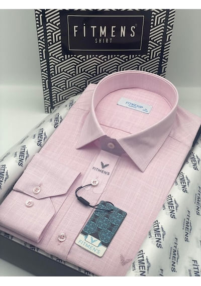 Klasik Uzun Kol Cepsiz Keten Yaka Alttan Düğmeli Hediye Kutulu Erkek Gömlek Fs-003686 - Pembe-2447