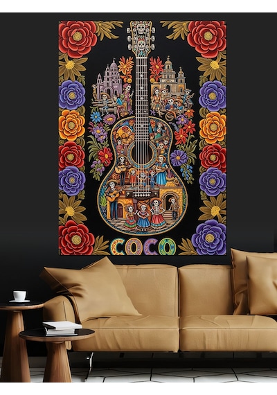 Ahşap Tablo Gitar Çiçekler Müzik Teması Dekoratif Tablolar