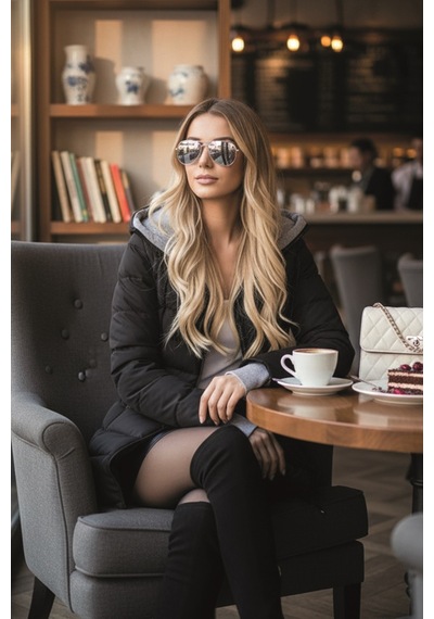 Barbora Kapüşonlu Kadın Kışlık Uzun Şişme Mont Eldiven Detaylı Siyah